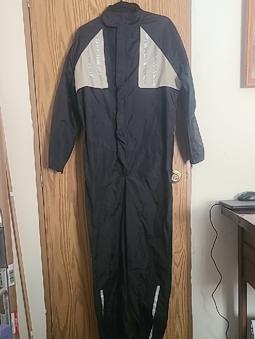Vintage Motorcycle Men's Black Full-Length Jumpsuit with Reflective Panels